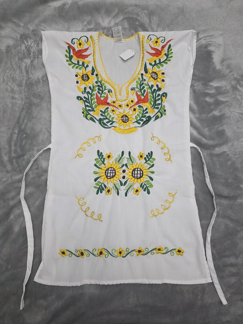 Mexican Embroidered White Dress with Yellow Floral Accents